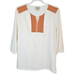 Haute Hippie Tribe Cream Brown Faux Suede Studded 3/4 Sleeve Tunic Top Small